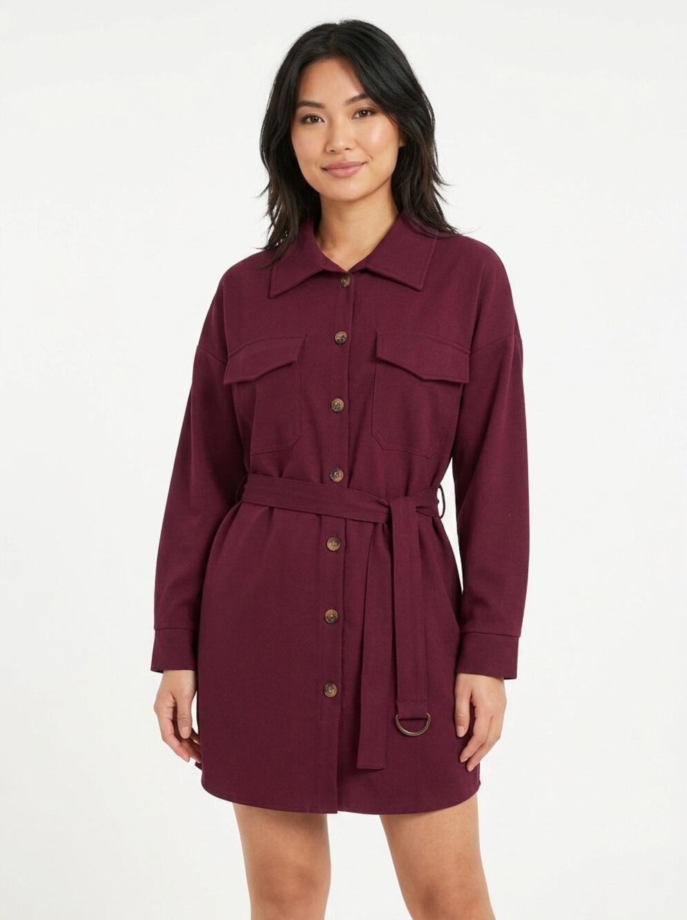 I Saw It First Burgundy Utility Belted Button-Up Shirt Dress Women Size 4